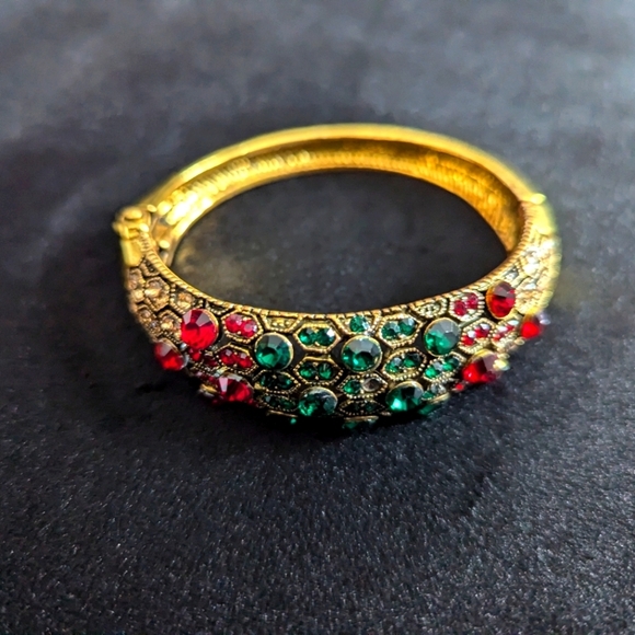 Gemstone Bangle Bracelet Hinge Gold Color Teal Red Ethnic Vintage Y2K 90s - Picture 3 of 7